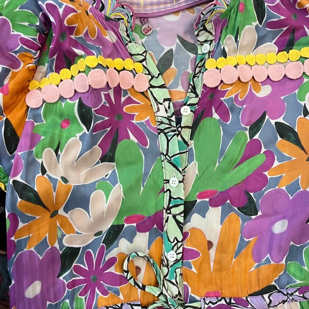 CeliaB Aneeta Dress purple floral midi trim vibrant button down shirt dress S - Picture 6 of 12